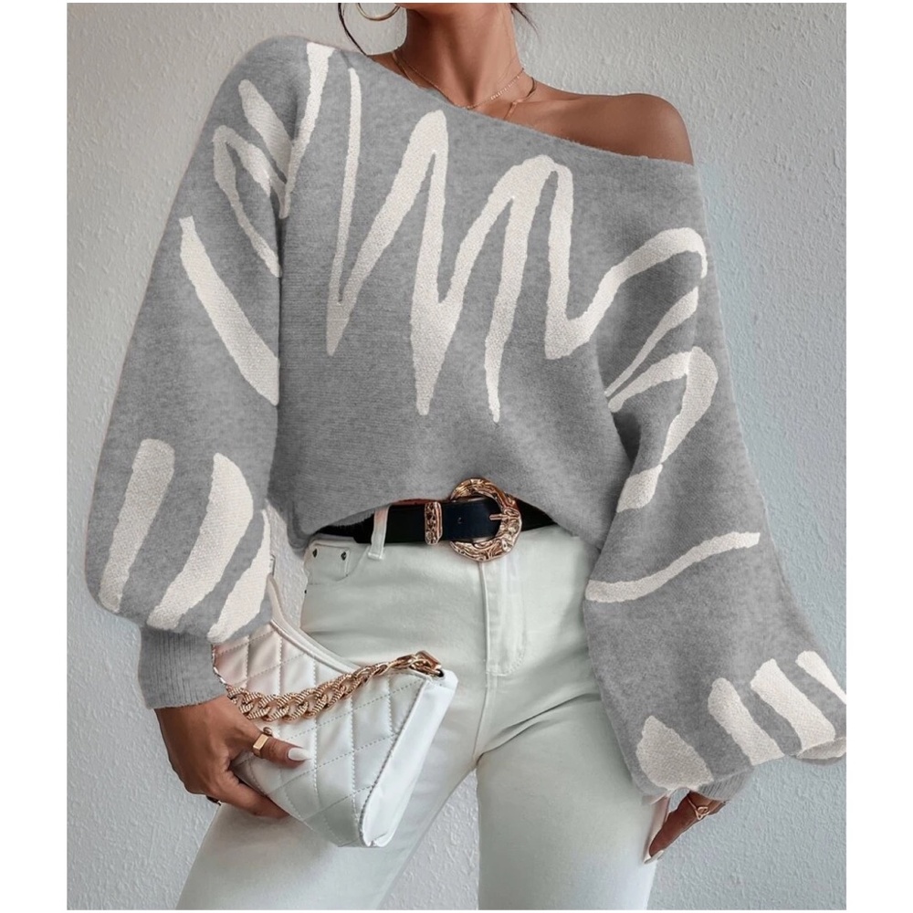 Cozy Print Balloon Sleeve Sweater Top - Picture 2 of 11